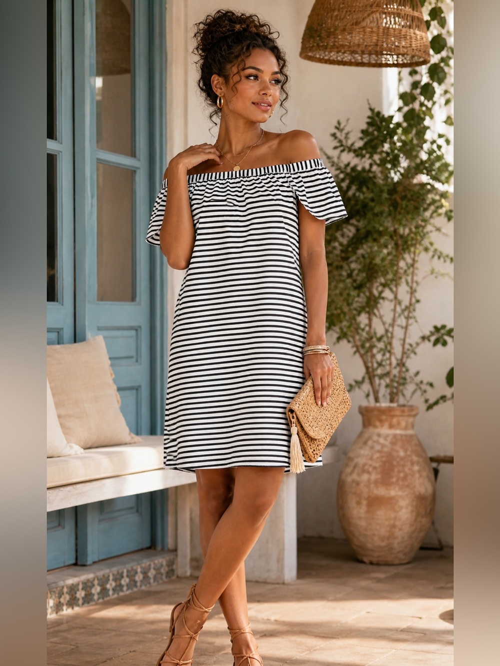J. Crew Off-Shoulder Black & White Striped Dress